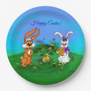 Happy Easter! Rabbit with Bunny and Chick Paper Plate