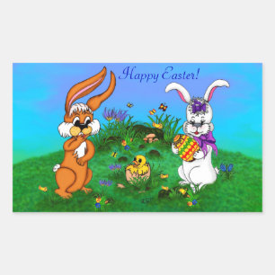 Happy Easter! Rabbit with Bunny and Chick Rectangular Sticker