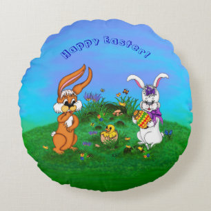 Happy Easter! Rabbit with Bunny and Chick Round Cushion