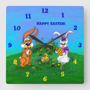 Happy Easter! Rabbit with Bunny and Chick Square Wall Clock