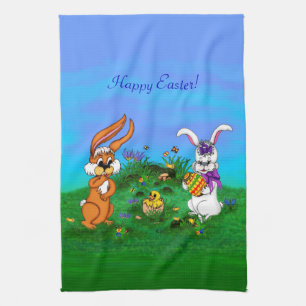 Happy Easter! Rabbit with Bunny and Chick Tea Towel