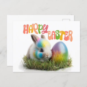 Happy Easter   Rabbit with colourful egg  Postcard