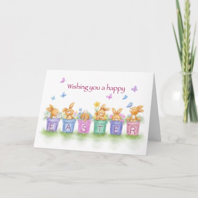 Happy Easter, rabbits in flower pots with flowers Card (Front)