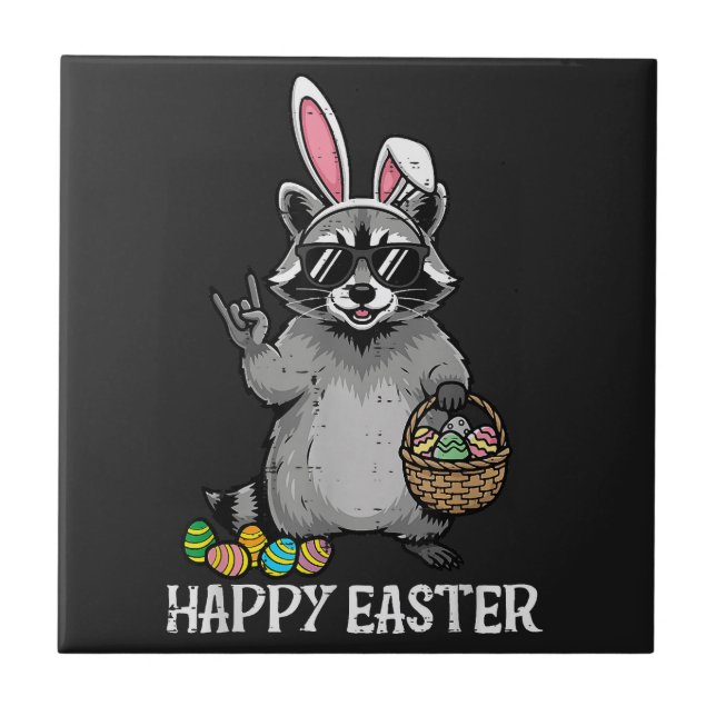 Happy Easter Racoon Bunny Ceramic Tile (Front)
