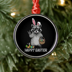 Happy Easter Racoon Bunny Metal Ornament