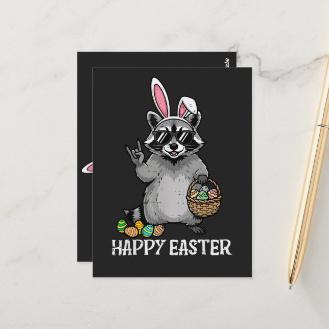 Happy Easter Racoon Bunny Postcard (Front/Back In Situ)
