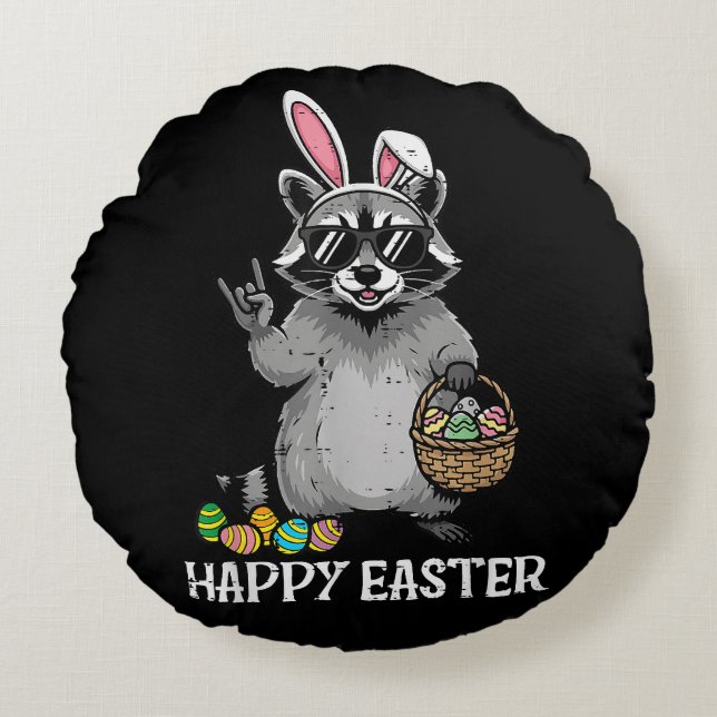 Happy Easter Racoon Bunny Round Cushion (Front)