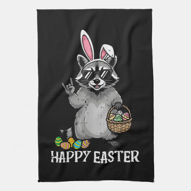 Happy Easter Racoon Bunny Tea Towel (Vertical)