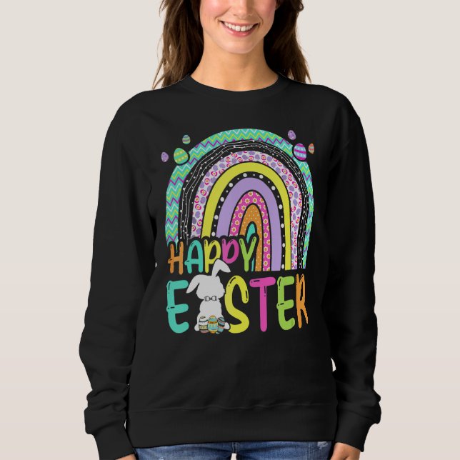 Happy Easter Rainbow Bunny Rabbit Egg Hunting Bask Sweatshirt (Front)