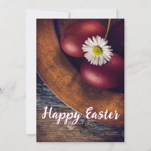 Happy Easter! Red Easter Eggs with daisy flower. Holiday Card