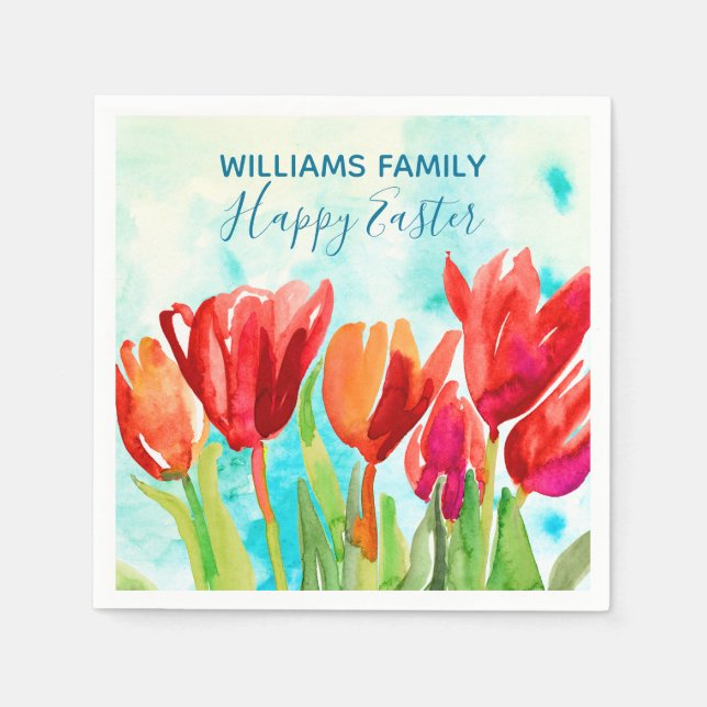 Happy Easter Red Tulips Custom Paper Napkin (Front)