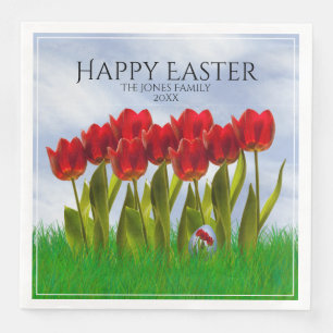 Happy Easter: Red Tulips Floral Photography Egg Napkin