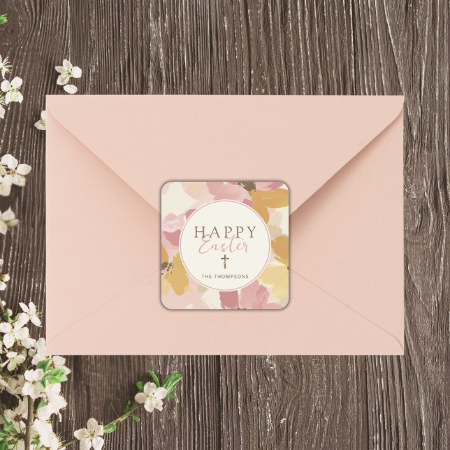 Happy Easter Religious Modern Pink Floral Square Sticker (Creator Uploaded)