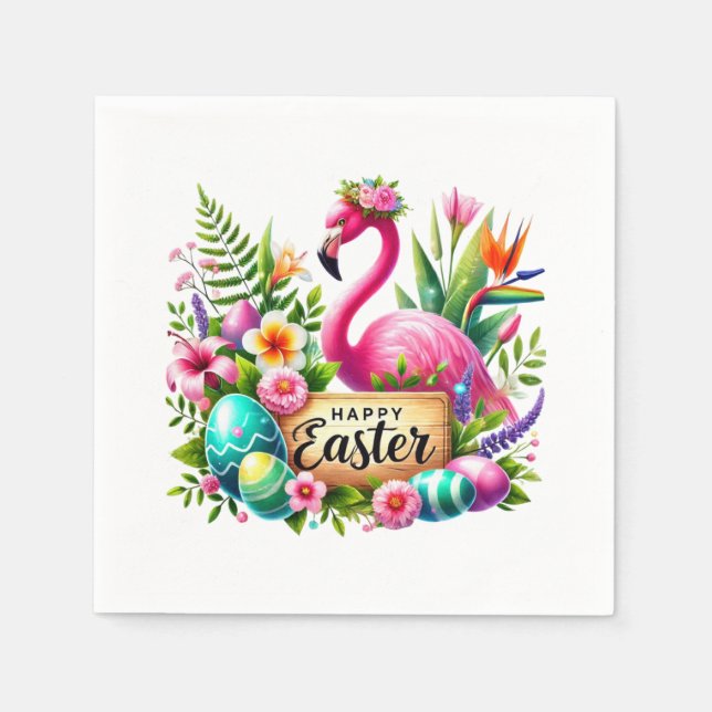 Happy Easter rooster pink flamingo beach  Paper Napkin (Front)