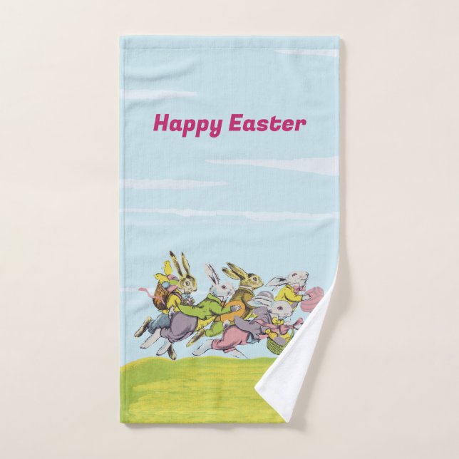 Happy Easter Running Bunnies Baskets Grass Hand Towel (Hand Towel)