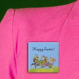 Happy Easter Running Pastel Rabbits 15 Cm Square Badge