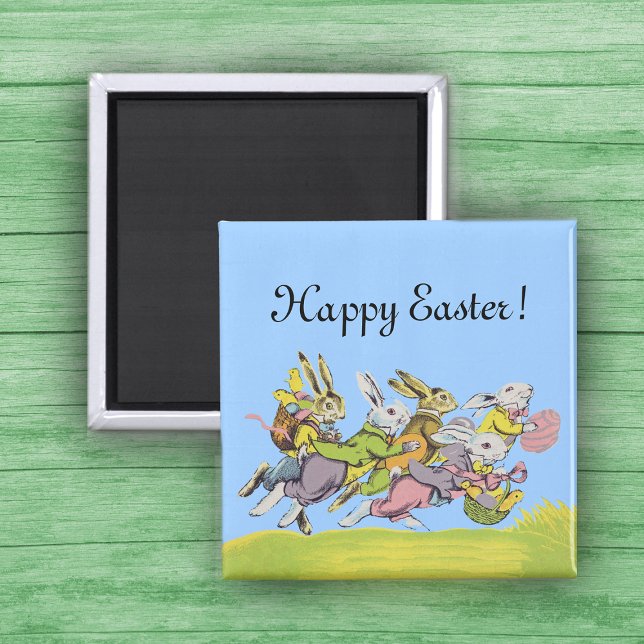 Happy Easter Running Pastel Rabbits Magnet (Group of running Easter Bunnies in clothes with eggs and baskets in grass on a magnet.)
