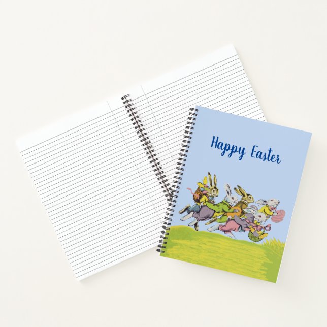 Happy Easter Running Rabbits Eggs Baskets Grass Notebook (Inside)