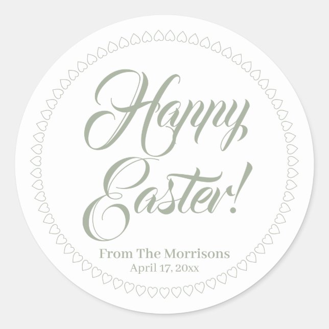 Happy Easter sage green heart border custom script Classic Round Sticker (Front)