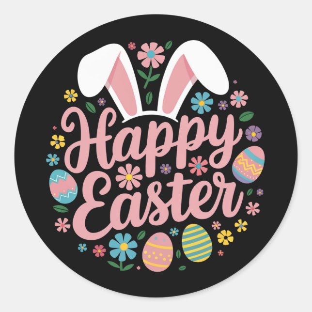 Happy Easter Sayings Egg Bunny Classic Round Sticker (Front)
