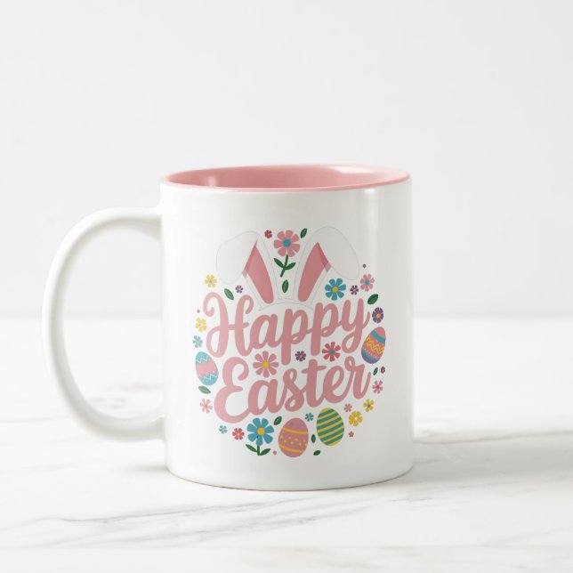 Happy Easter Sayings Egg Bunny Two-Tone Coffee Mug (Left)