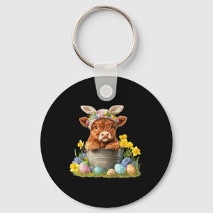 Happy Easter Scottish Cow Cute Heifer Cow Farm Key Ring