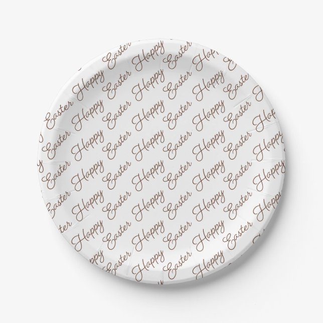 Happy Easter Script Brown on White Paper Plate (Front)