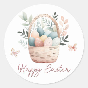 Happy Easter Script Egg Basket Classic Round Sticker