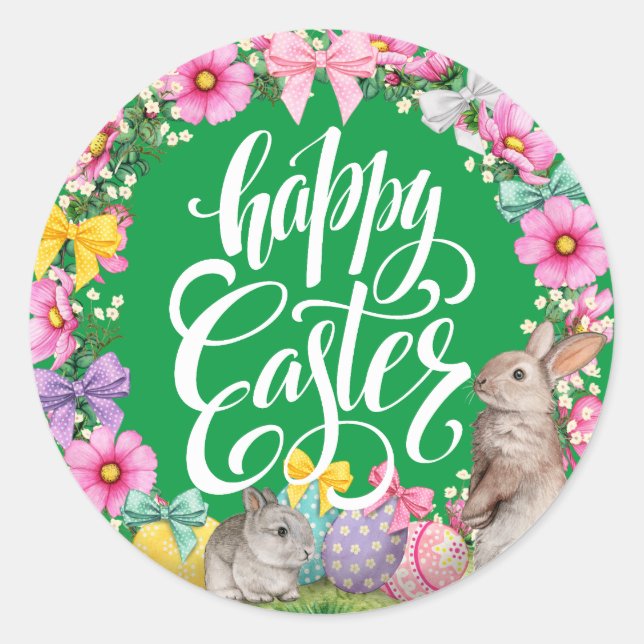 Happy Easter Script Floral Green Easter Bunny Egg  Classic Round Sticker (Front)