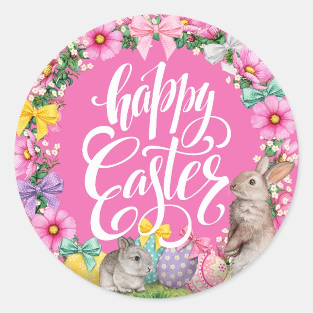 Happy Easter Script Floral Pink Easter Bunny Egg  Classic Round Sticker (Front)