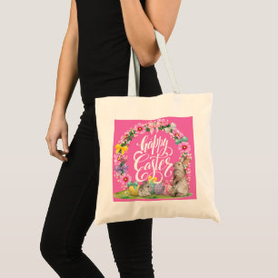 Happy Easter Script Floral Pink Easter Bunny Egg  Tote Bag