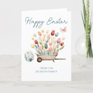 Happy Easter Script Tulip Wheel Barrel Holiday Card