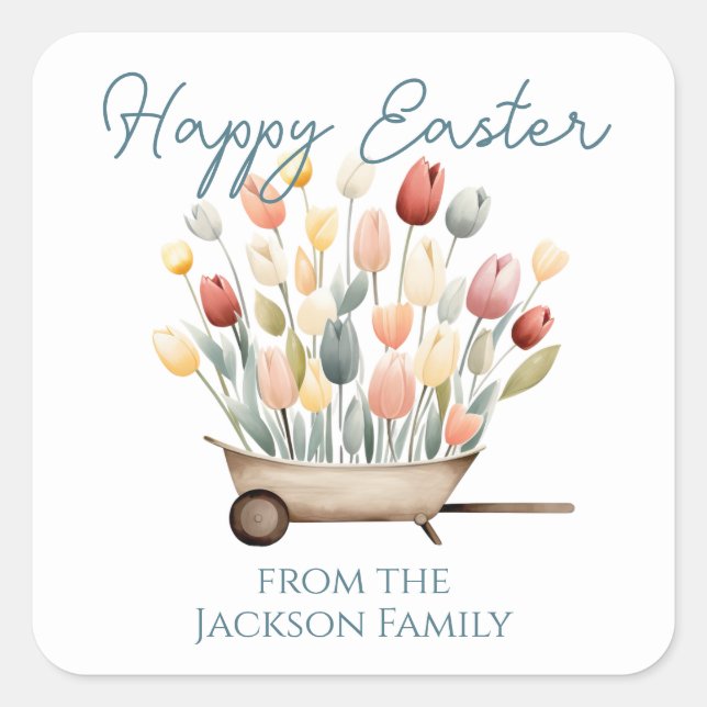 Happy Easter Script Tulip Wheel Barrel Square Sticker (Front)