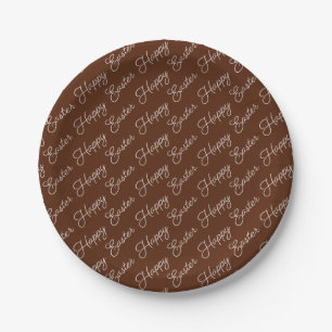 Happy Easter Script White on Brown Paper Plate