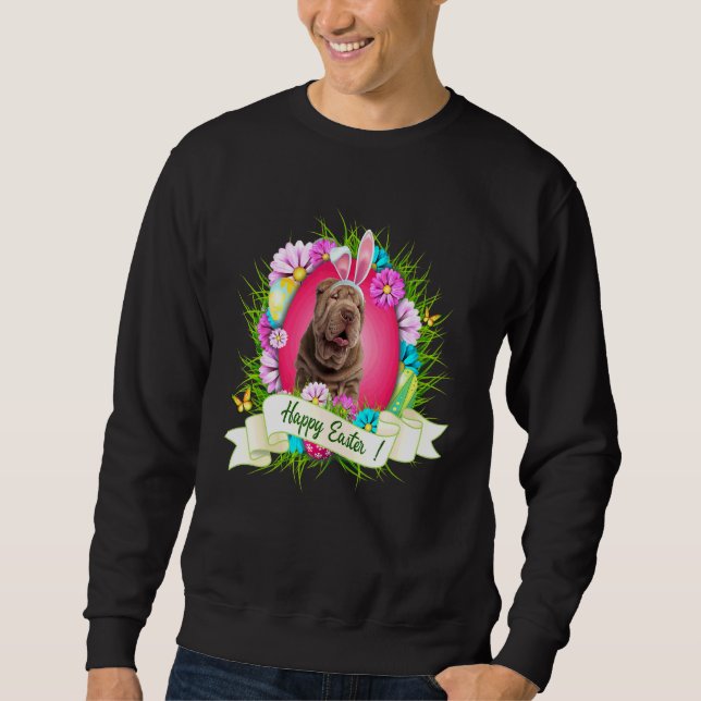 Happy Easter Shar Pei Wearing Bunny Ear Eggs Cool Sweatshirt (Front)