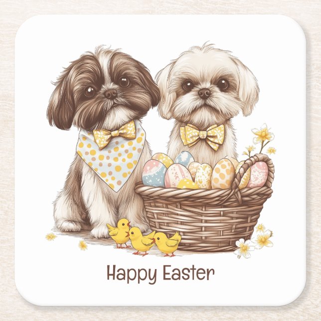 Happy Easter Shih Tzu Dogs Square Paper Coaster (Front)