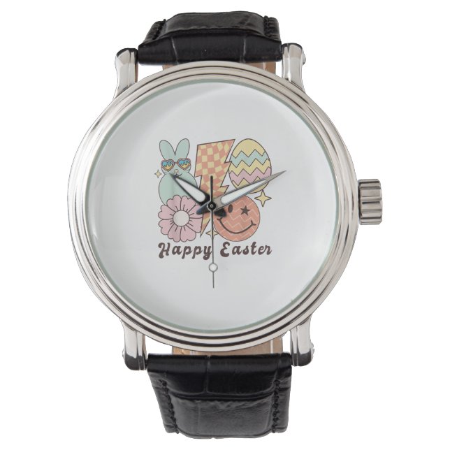 Happy Easter Smile Face Retro Hippie Bunny Rabbit  Watch (Front)