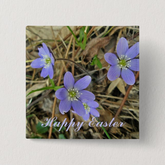 Happy Easter Soft Blue Hepatica Wildflower Button (Front)