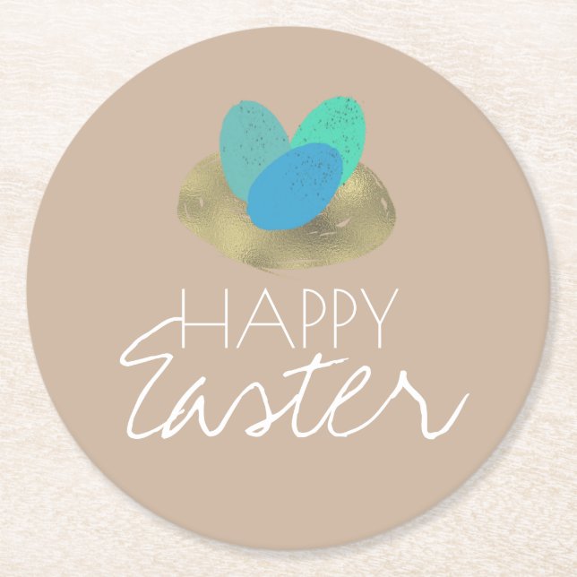 Happy Easter Speckled Egg Easter Nest Party Round Paper Coaster (Front)
