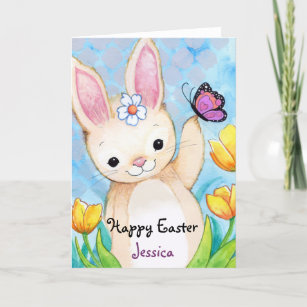 Happy Easter Spring Bunny Butterfly and Tulips Holiday Card
