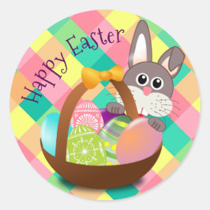Happy Easter Spring Chequerboard Pattern Classic Round Sticker