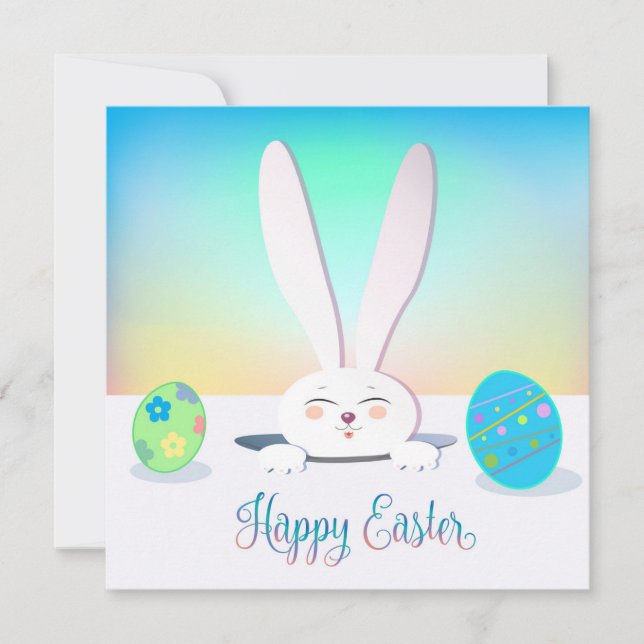 Happy Easter Spring Cute Bunny Easter Eggs Hunt Holiday Card (Front)