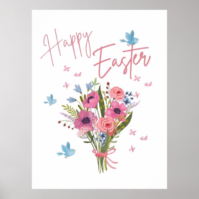 Happy Easter Spring Floral Bouquet & Blue Birds Poster (Front)