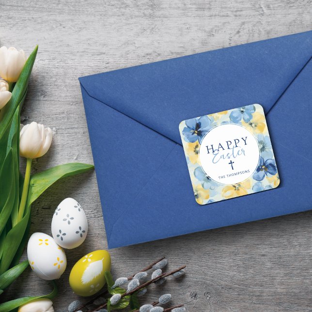 Happy Easter Spring Floral Cross Religious Blue Square Sticker (Creator Uploaded)