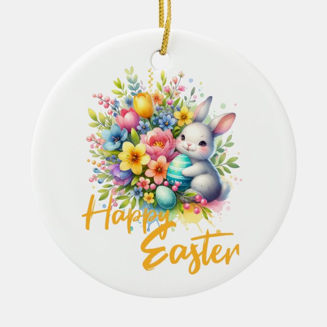 Happy Easter spring flower with cute bunny Ceramic Ornament (Front)