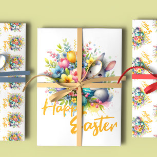 Happy Easter spring flower with cute bunny Wrapping Paper Sheet