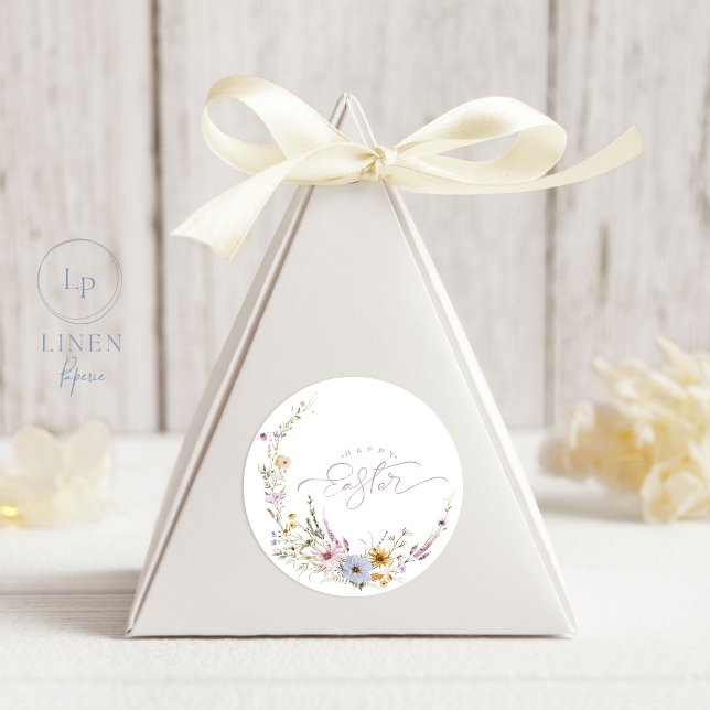 Happy Easter Spring Flower Wreath Classic Round Sticker (Creator Uploaded)