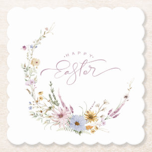 Happy Easter Spring Flower Wreath Paper Coaster