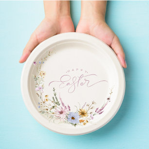 Happy Easter Spring Flower Wreath Paper Plate