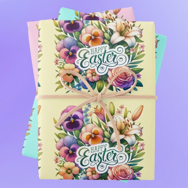 Happy Easter Spring Flowers 3 Pastel Versions Wrapping Paper Sheet (Creator Uploaded)